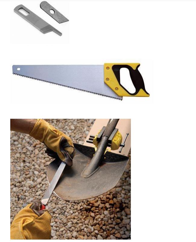 The image depicts a handsaw being sharpened.